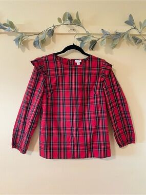 J. Crew Red Plaid Ruffle-Shoulder Long-Sleeve Top